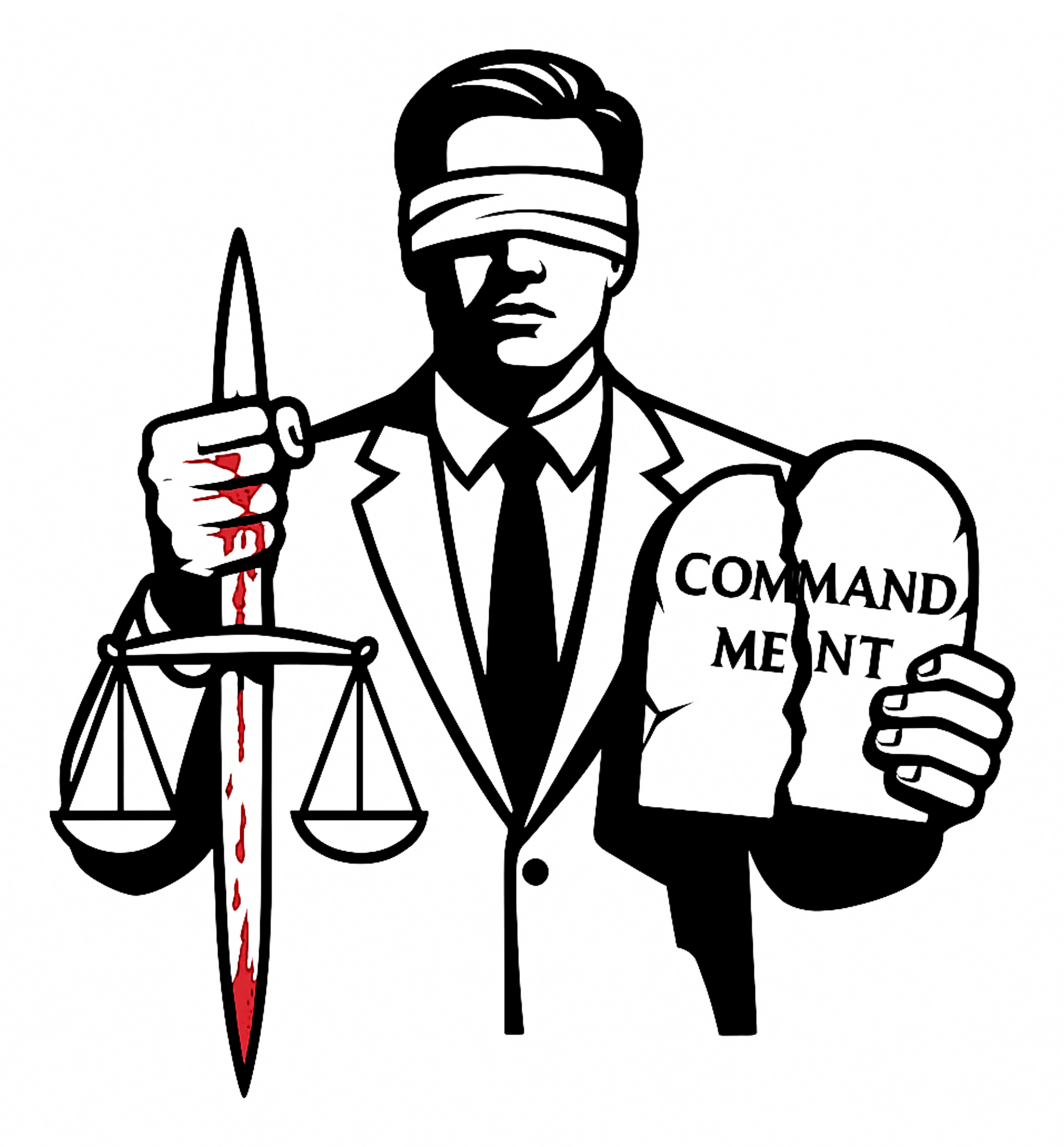 Founding artwork of a blindfolded figure holding a sword with scales and a broken tablet of commandments